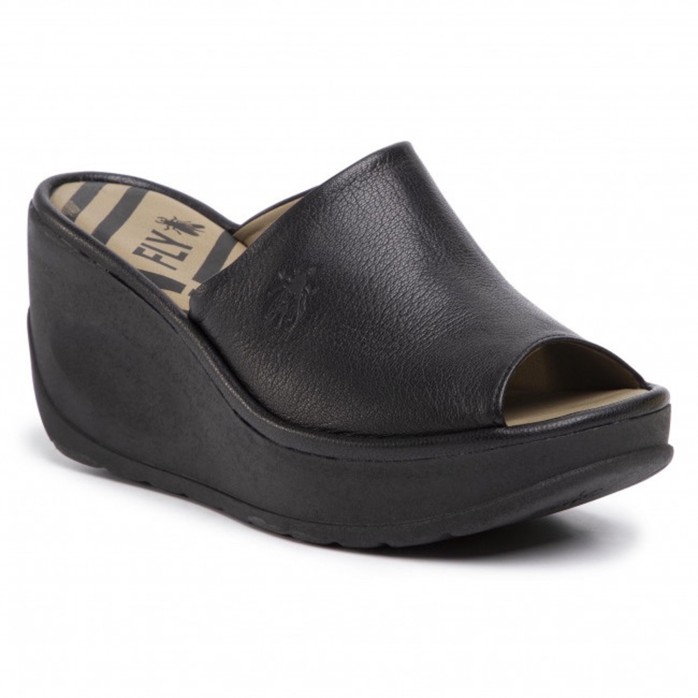 FLY London | Black Leather Wedge Sandals 5.5 /  36